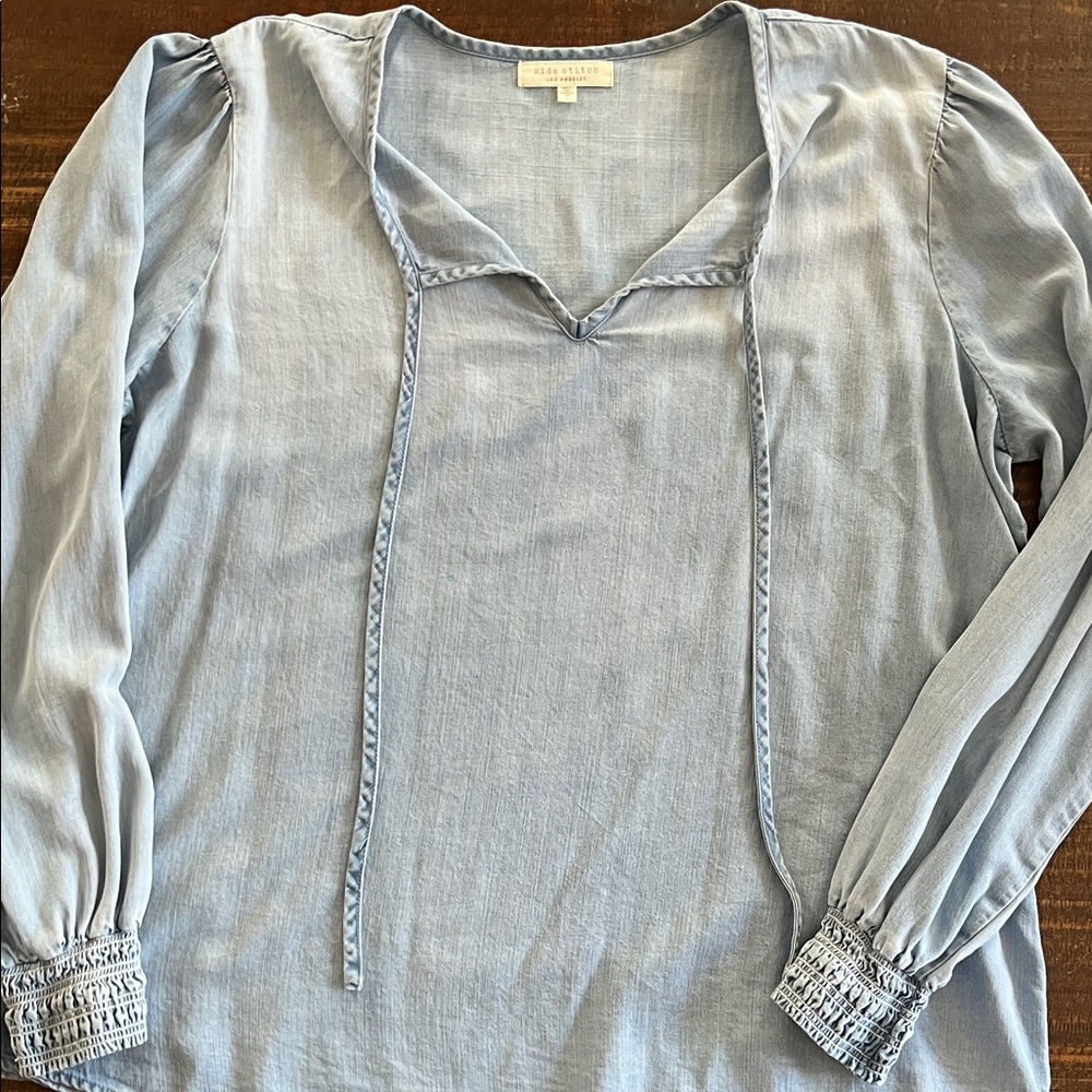 Light Soft Denim Blue Blouse with Smocked Details